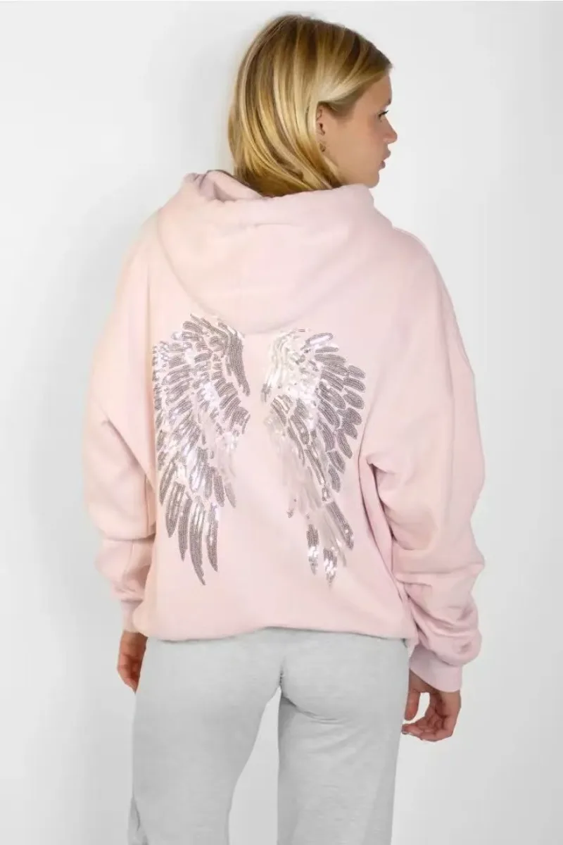 Leisure Spring and Autumn Sweater Wing Print and Hot Rhinestone Two Styles Women's Long-sleeved Pullover Hoodie