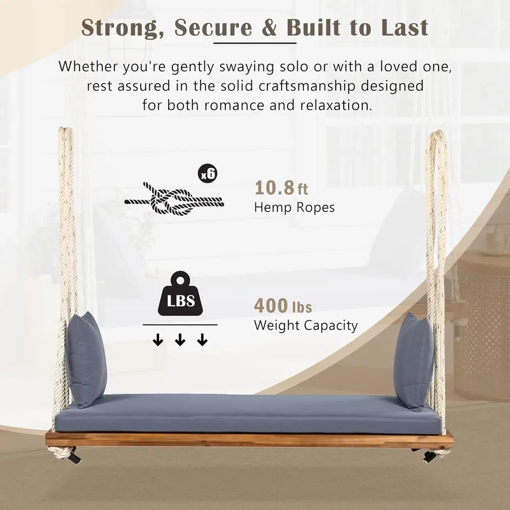 2-Person Acacia Wood Swing with Thick Cushion, 10.8ft Ropes, Pillows, 400lbs Capacity for Outdoor Patios