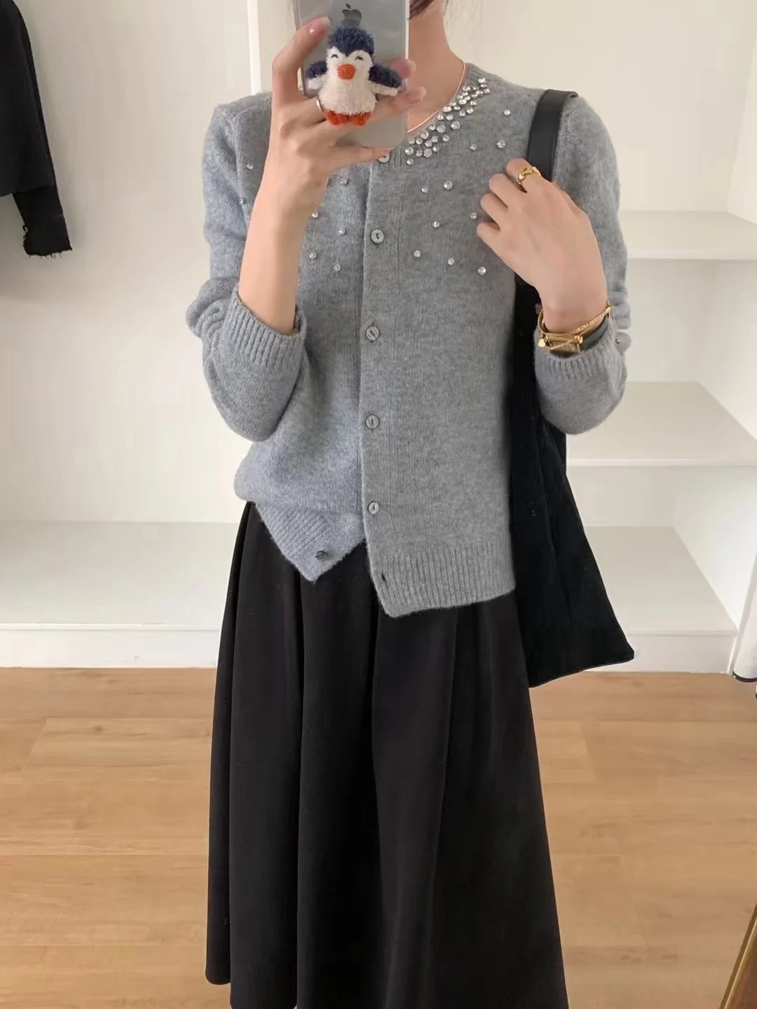 Charming Diamond Inlaid Knitted Cardigan 2024 New Autumn/Winter Women\'s Round Neck Long Sleeve Sweater Fashion Elegant Jacket