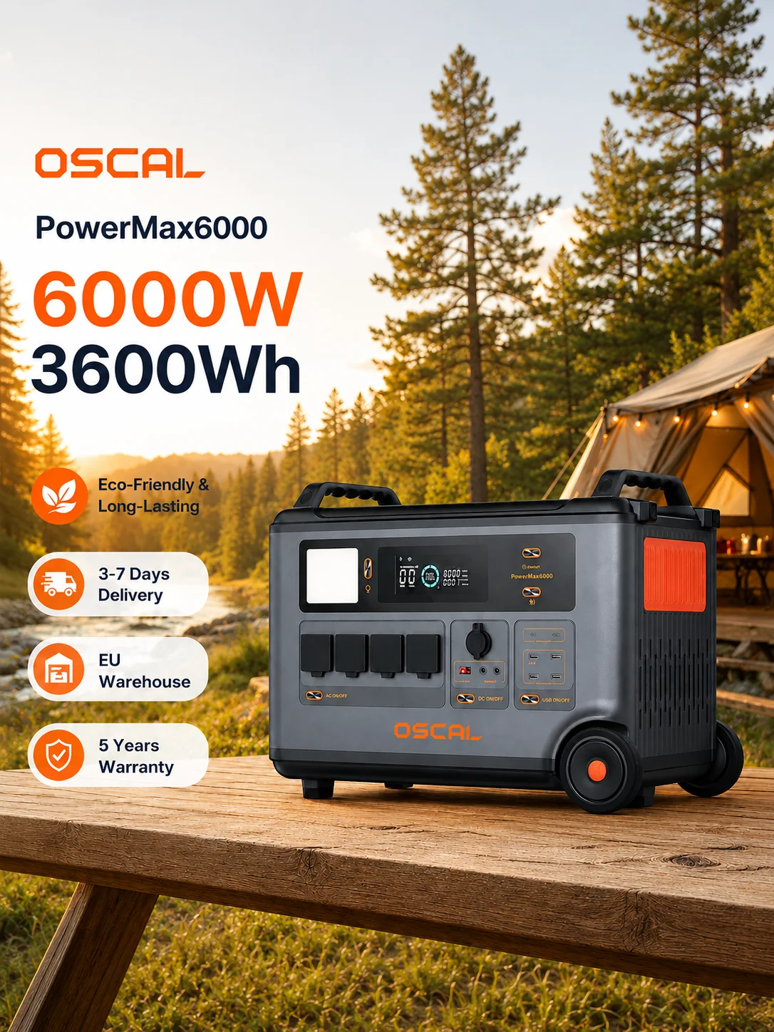 Tragbare Powerstation OSCAL PowerMax6000 6000W 3600Wh LiFePO4 Solargenerator Erweiterbar auf 57600Wh Split-Phase 120V/240V USV 1,96H Schnellladung APP-Steuerung für Notfälle zu Hause, Wohnmobil,