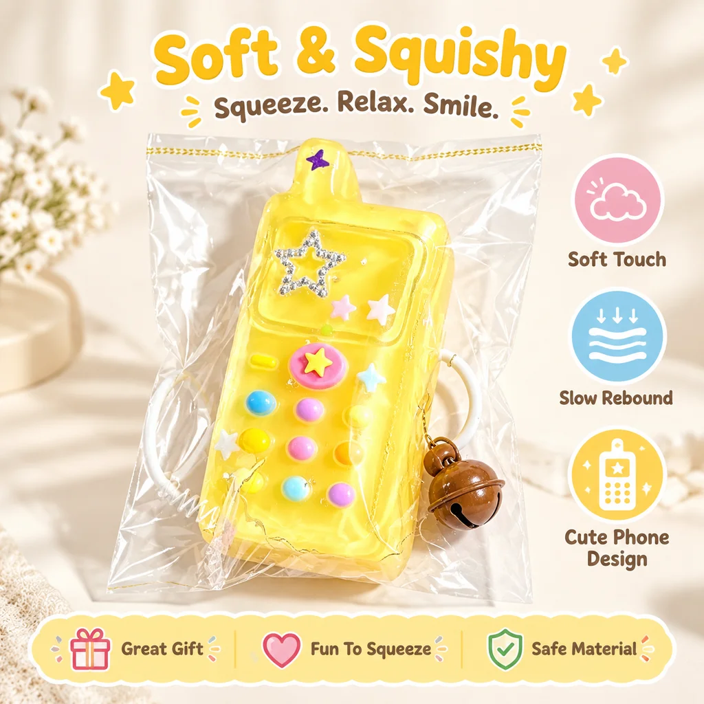 1. Food Grade Silicone Squeeze Toy Cute Yellow Retro Mobile Phone Squishy With Star Decor Stress Relief Fidget Toy For Kids