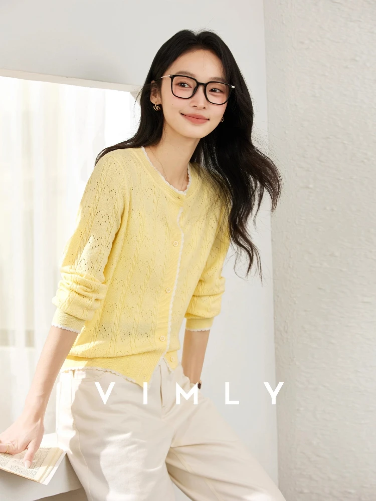 

VIMLY Yellow Long Sleeve Ladies Knitted Cardigan Woman 2025 Autumn Round Neck Hollow Out Casual Button Up Cardigan Femmes 75079