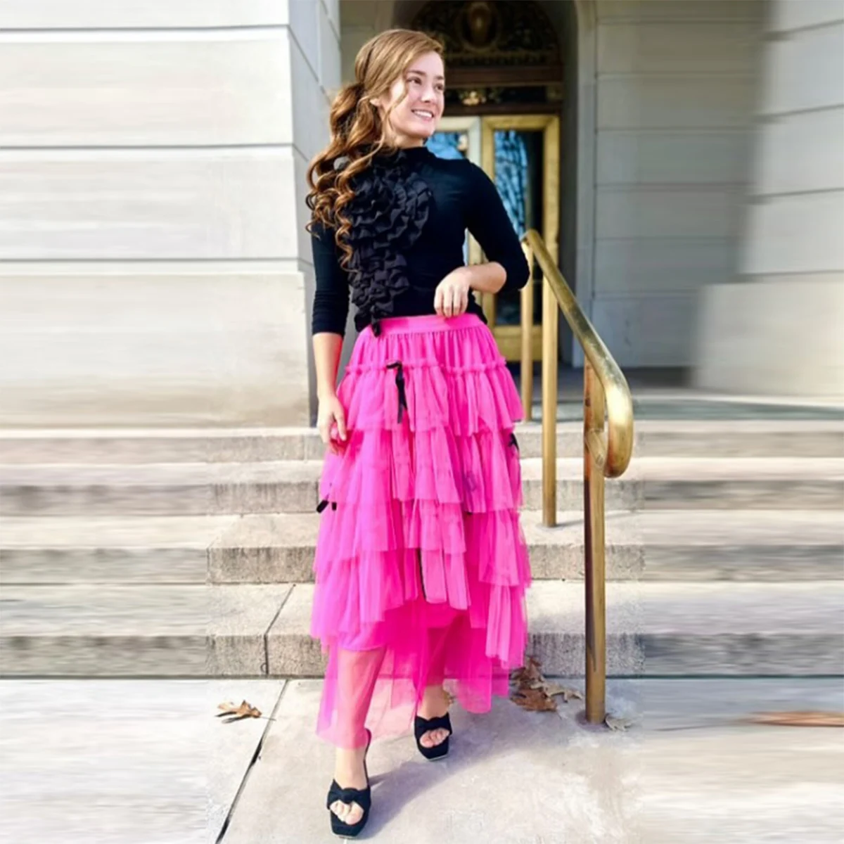 

Fuchsia Tulle Tiered Women Skirt Elastic Waist A Line Long Skirt Witb Black Bow Tie Girls Birthday Party Formal Wear Skirt