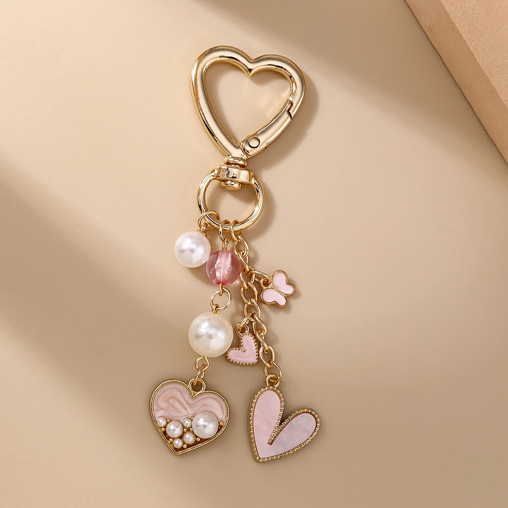 Aihua Hübscher rosa Liebesherz-Schlüsselanhänger, Perle, Schmetterling, Herz, Schlüsselanhänger, Anhänger für Frauen und Mädchen, Handtasche, Dekor, DIY-Schmuck, Geschenk – Detail 3