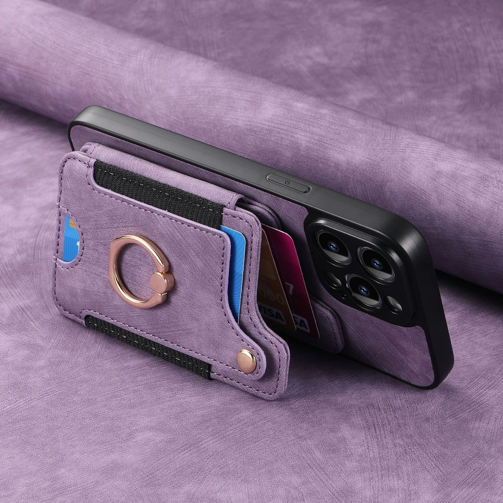 Funda de teléfono de cuero de lujo para iPhone 14 15 16 17 Pro Max Air 16e Plus 13 12 11 con ranura para tarjetas anillo hebilla cordón contraportada LD4