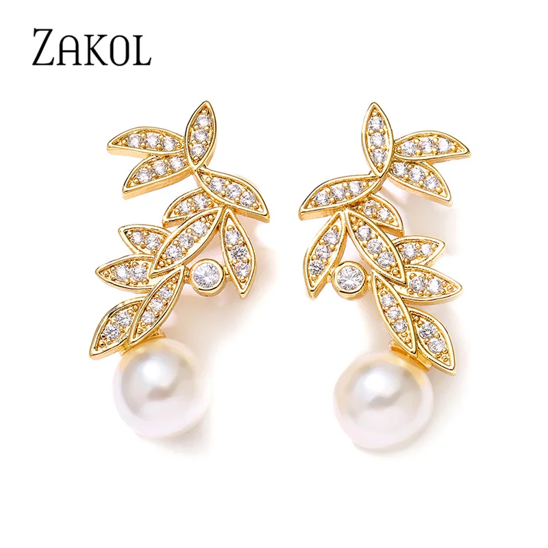 

ZAKOL Delicate Gold Color Leaf Zircon Drop Earrings for Women Fashion Imitation Pearl Earring Bridal Wedding Jewelry EP1079