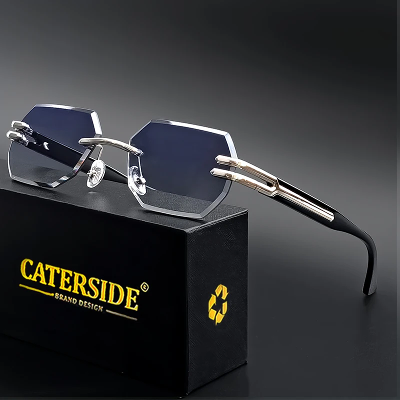 CATERSIDE Retro Rimless Sunglasses Men Polygonal Metal Frame High Quality Women Sun Glasses Outdoor Travel Gift Summer Style