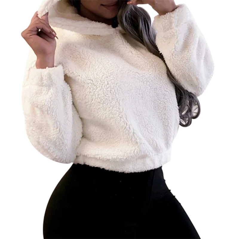 Zimowa koreańska moda, urocza bluza z kapturem z uszami misia, luźna, puszysta, ciepła bluza z kapturem, długi rękaw, gładka bluza wkładana przez głowę, odzież damska.