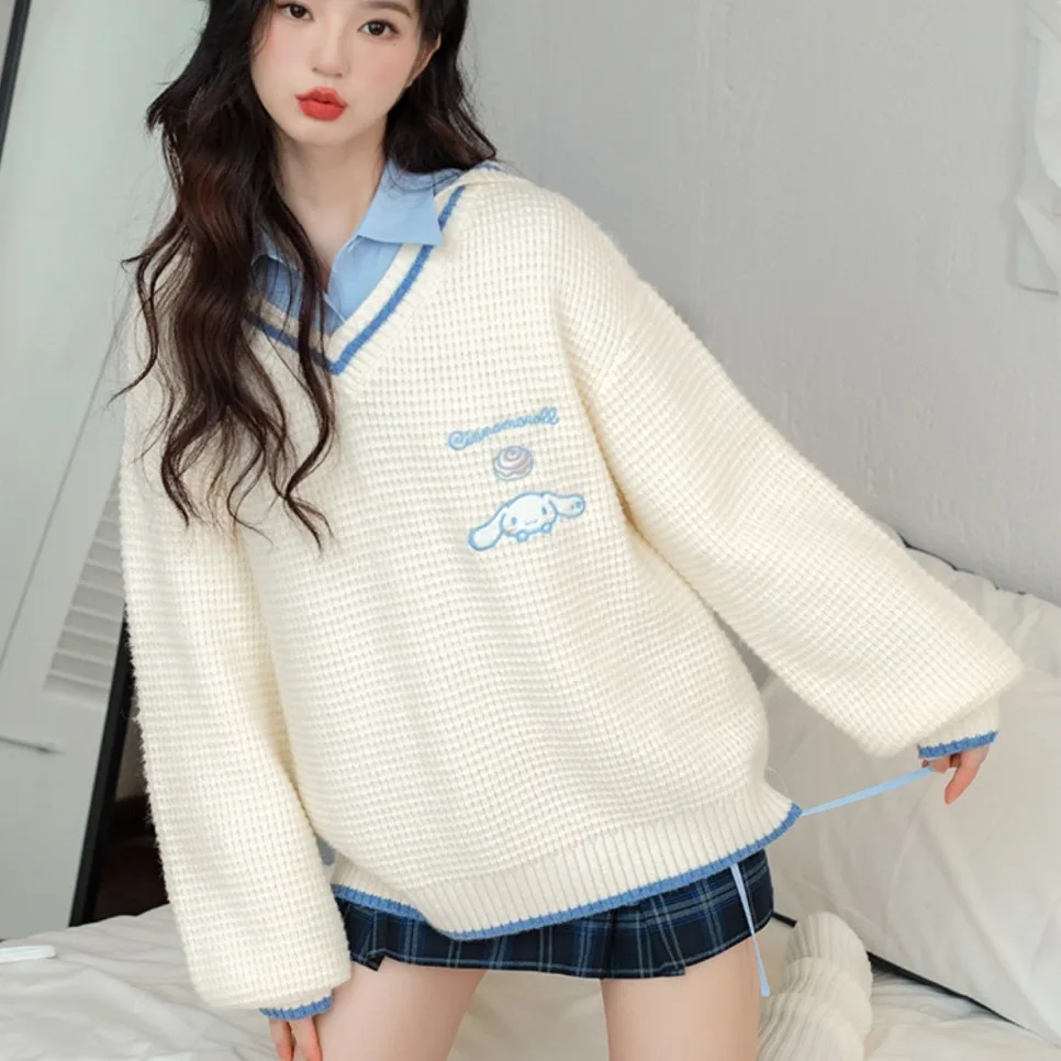 Cute Cartoon Kuromi Embroidery Knitted Sweater Women College Style V Neck Tops Girls My Melody Cinnamoroll Cute Sweet Pullover view 6