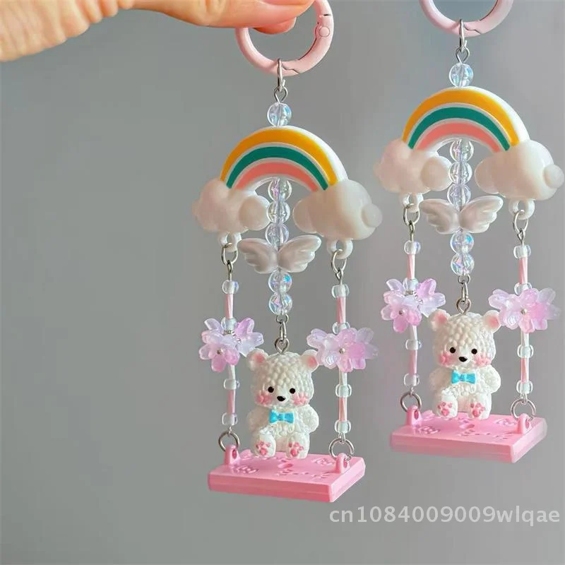 💐 | قوس قزح سوينغ الدب المفاتيح، لطيف دمية دب مطرز الزهور حقيبة سحر، Kawaii هدية حزام الهاتف الحبل للنساء الفتيات #1
