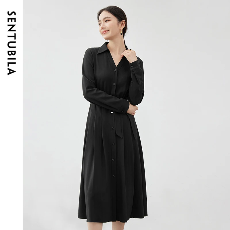 SENTUBILA Office Lady Black Shirt Dress for Women 2024 Autumn Elegant Long Sleeve Tie Belt Button Down Midi Dresses 143L56891