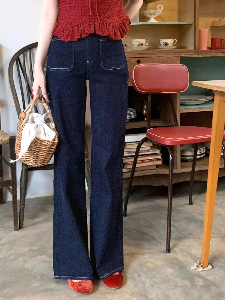 

Retro Denim Wide Leg Jeans Women's Classic High Waist Slimming Long Trousers Straight Cut Cotton Stretch Denim Blue