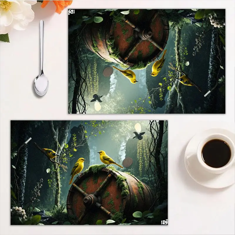 طقم مفرش طاولة مكون من 4 قطع، تصميم مستطيل، موضوع غابة ريفي، سهل التنظيف، مثالي للديكور المنزلي والموسمي.