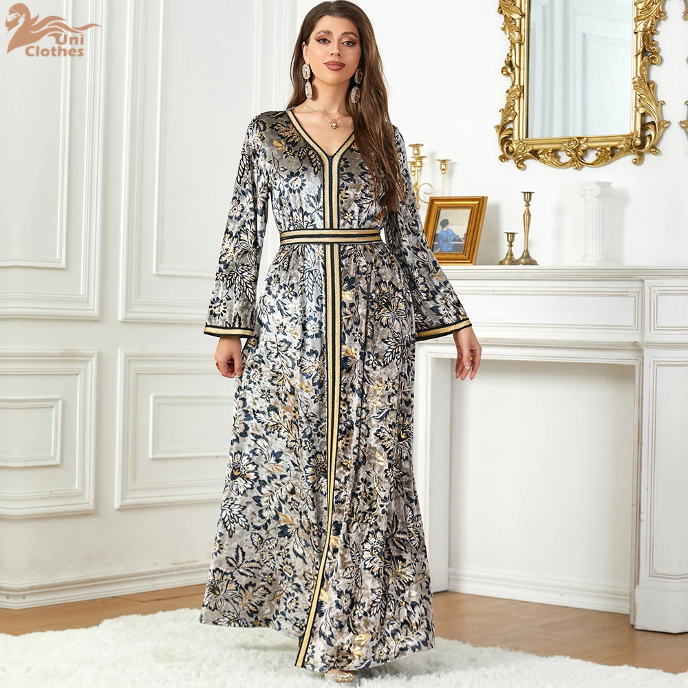 Uni Stylish Floral Print Abaya Clothing For Women Moroccan Dubai V-Neck Velvet Kaftan Sashes With Muslim Party dresses 2024