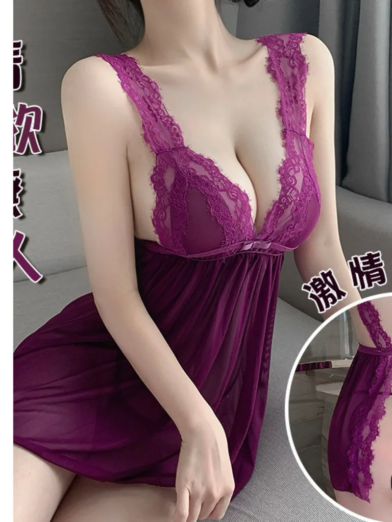 เซ็กซี่ผู้หญิงลูกไม้สีม่วงNightdress Pure Desire Sheer VคอBackless Elegant Tank Mini Dress 2025 ใหม่แฟชั่นผู้หญิงJNB8