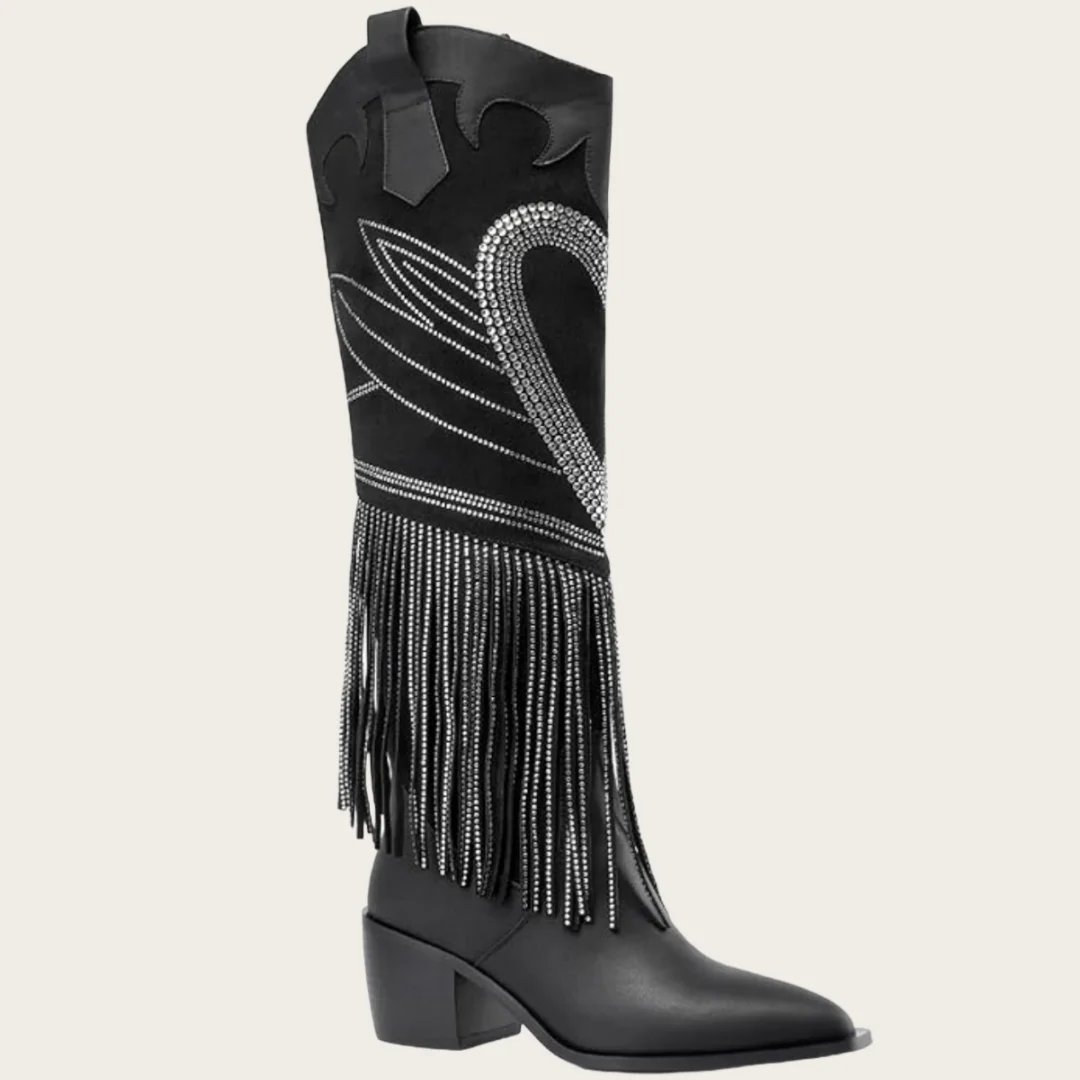 Botas de vaquero del oeste para mujer, estilo de diseñador a la moda, tacón grueso, Botas hasta la rodilla de cuero negro, diseño recortado, Botas sin cordones para mujer