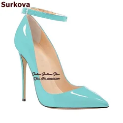 Surkova scarpe eleganti con tacco a spillo in pelle verniciata turchese scarpe a punta décolleté da sposa poco profonde cinturino con fibbia alla caviglia Slip-on 12cm