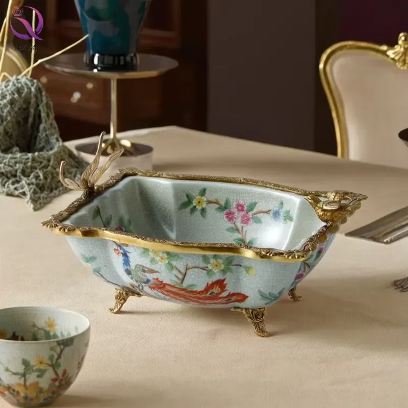 Dinnerware China Porcelain Plate Fruit Bowl With Brass Stand Hand Painted Colorful Ceramic Bowl for Retro Home Decor