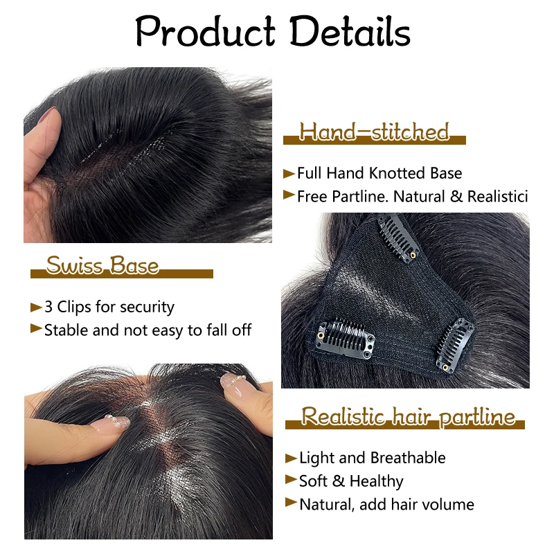 10 inci klip rambut manusia dalam Ekstensi puncak rambut dengan poni 3.54*4 inci jaring rambut hitam gelap Wig Top Piece