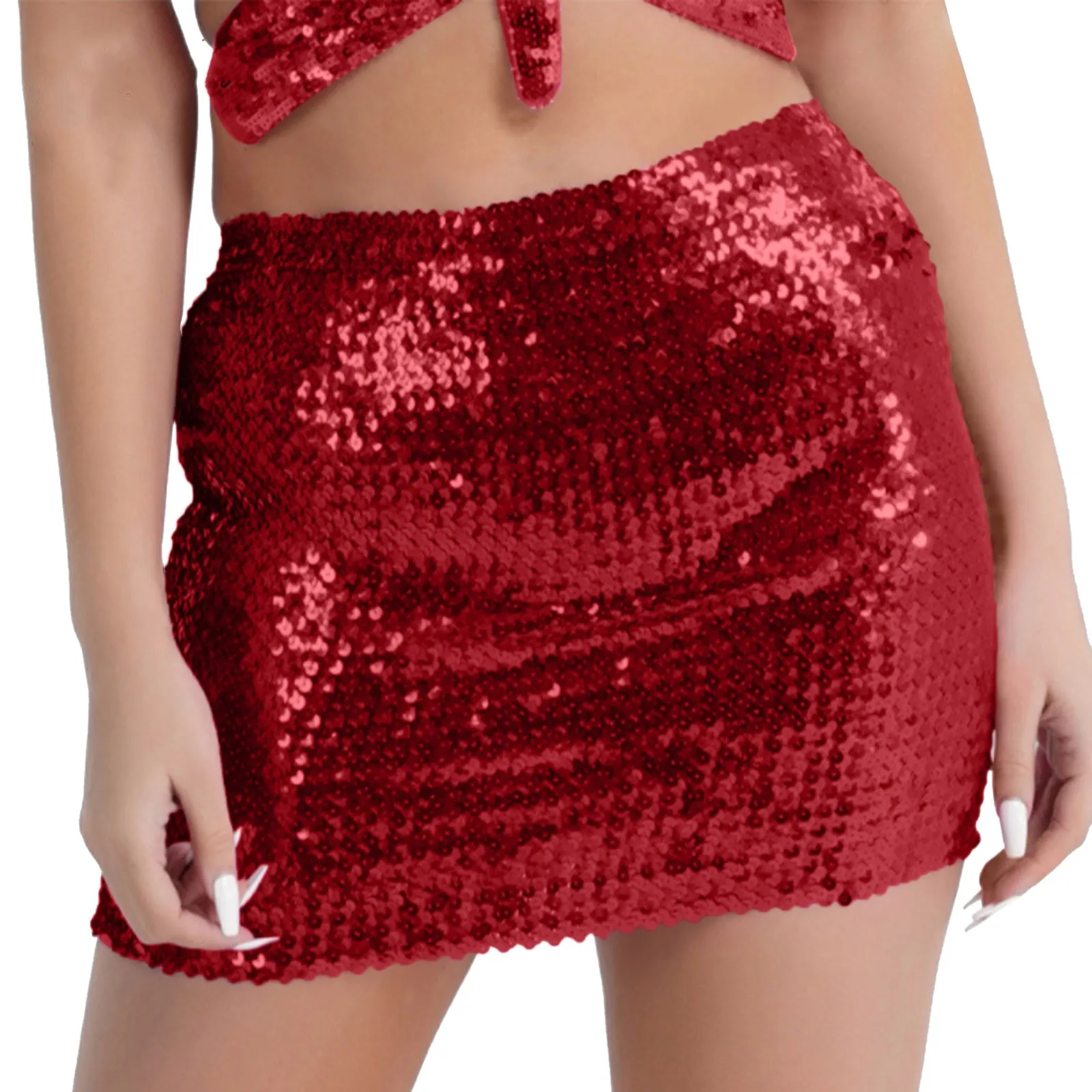 Faldas de lentejuelas a la moda para mujer, minifaldas con lentejuelas brillantes para fiesta de carnaval, falda ultracorta Sexy envuelta en la cadera de Color sólido