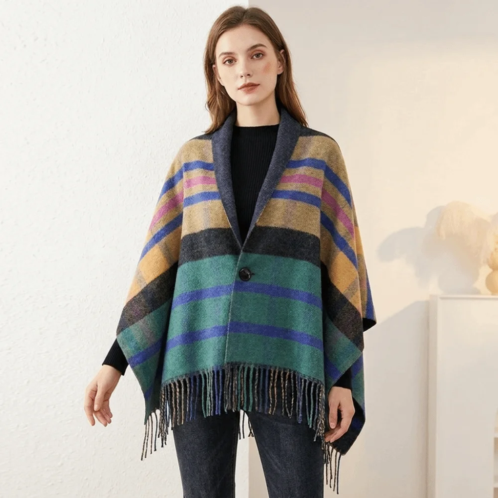 Multi-Functional Double‑Sided Plaid Poncho Shawl Thick Knit Faux Wool Blanket Shawl Button Closure Tassel Trim