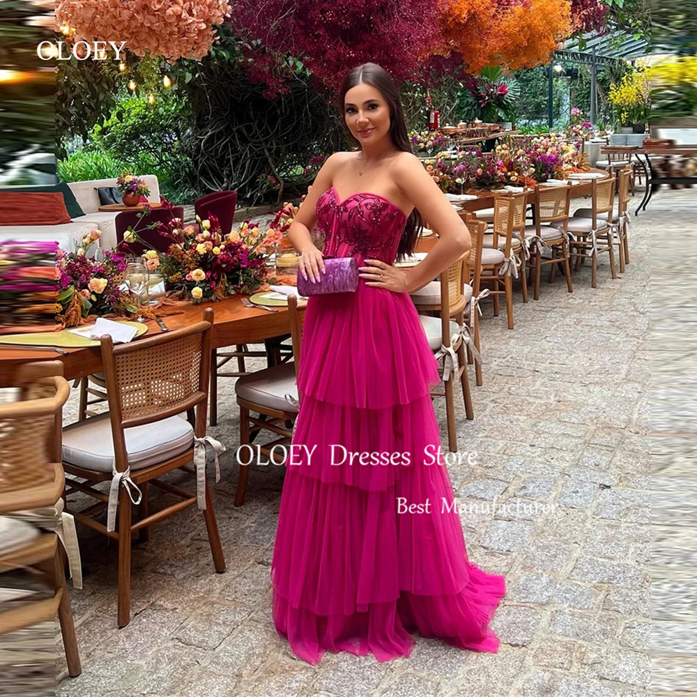 

OLOEY Sexy Fuschia Tulle Long Prom Dresses Embroidery Wedding Party Dress Sweetheart Beads Tiered Evening Gowns Formal Party