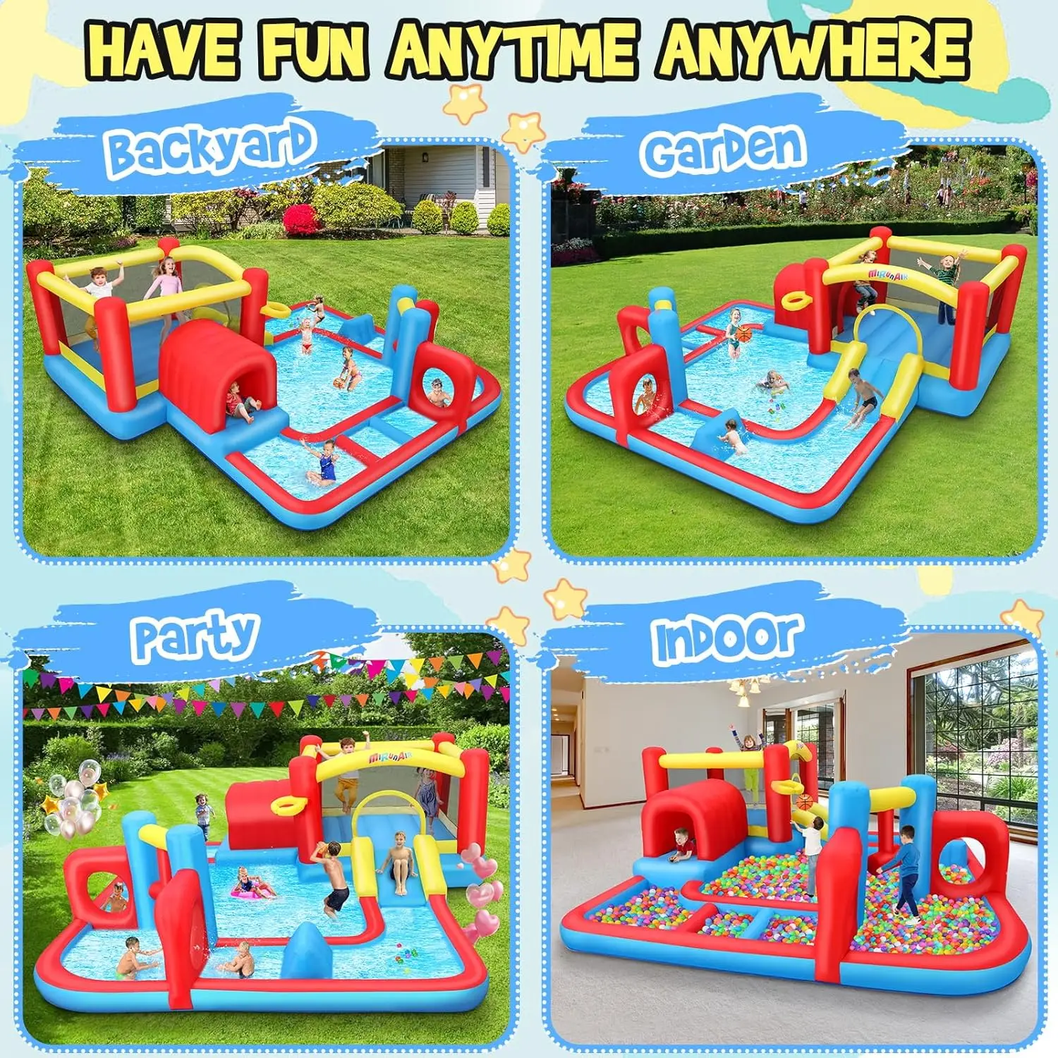 Nadmuchiwana zjeżdżalnia wodna Bounce House, 14,3x14,3 stopy labirynt park wodny tor przeszkód z obszarem skoku, basen plusk, przeszkoda, zjeżdżalnia, poncz