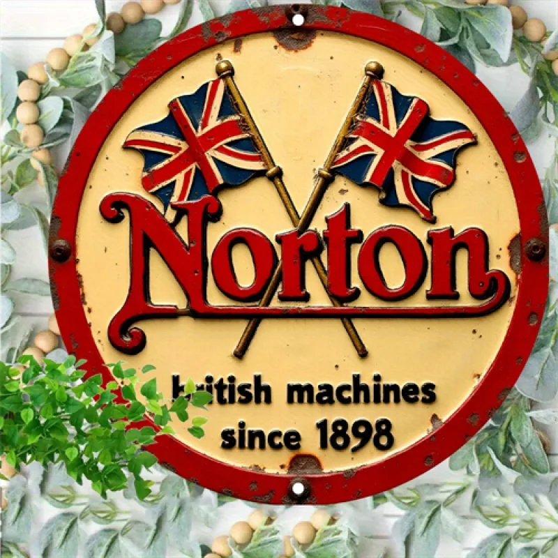 Norton Vintage British Machines Metal Sign 8x8 Round Iron Wall Art Union Jack Flag