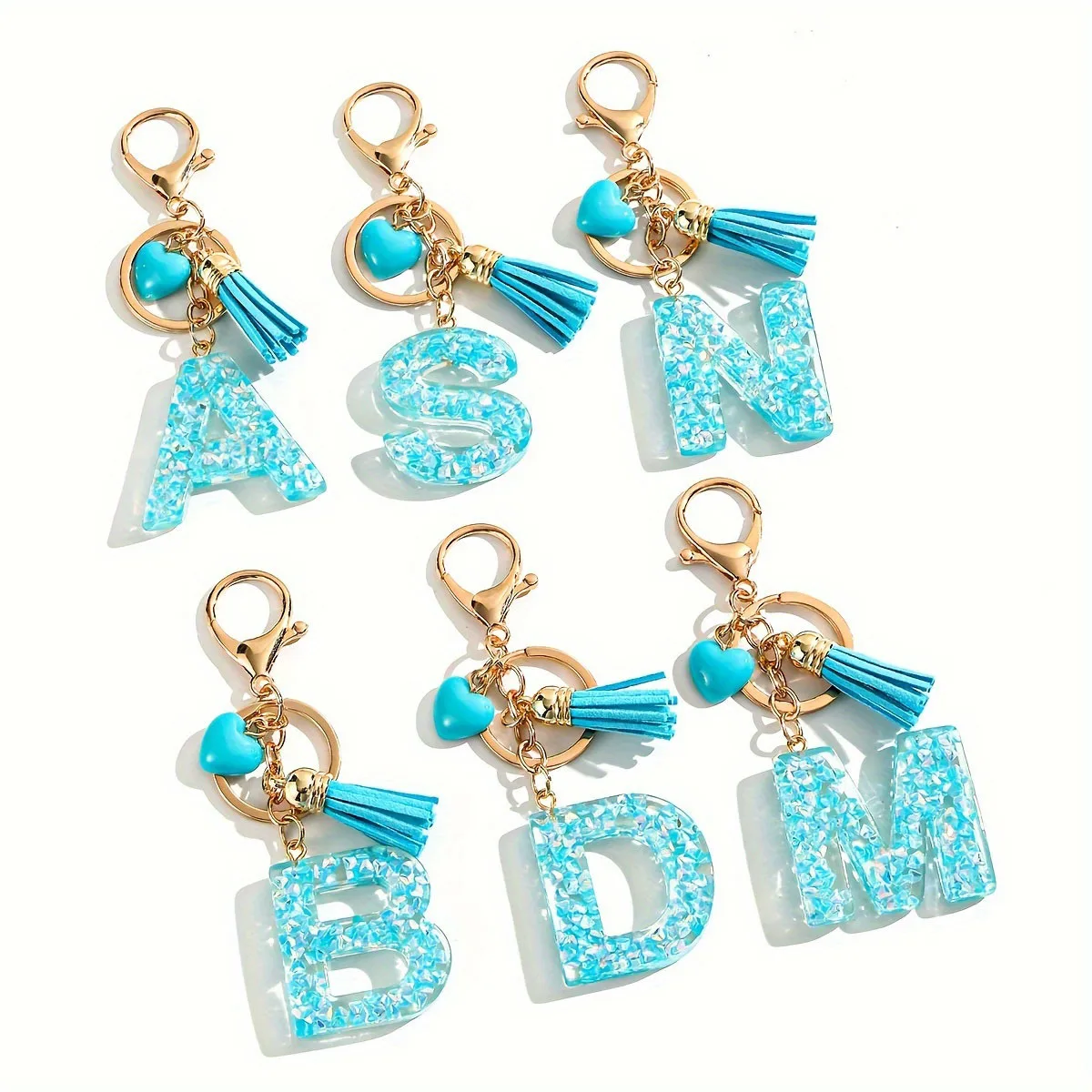 Resin Letter Blue Heart Tassel Keychain Cute Bag Pendant Car Hanging Charm Accessory for DIY Clothing Decor
