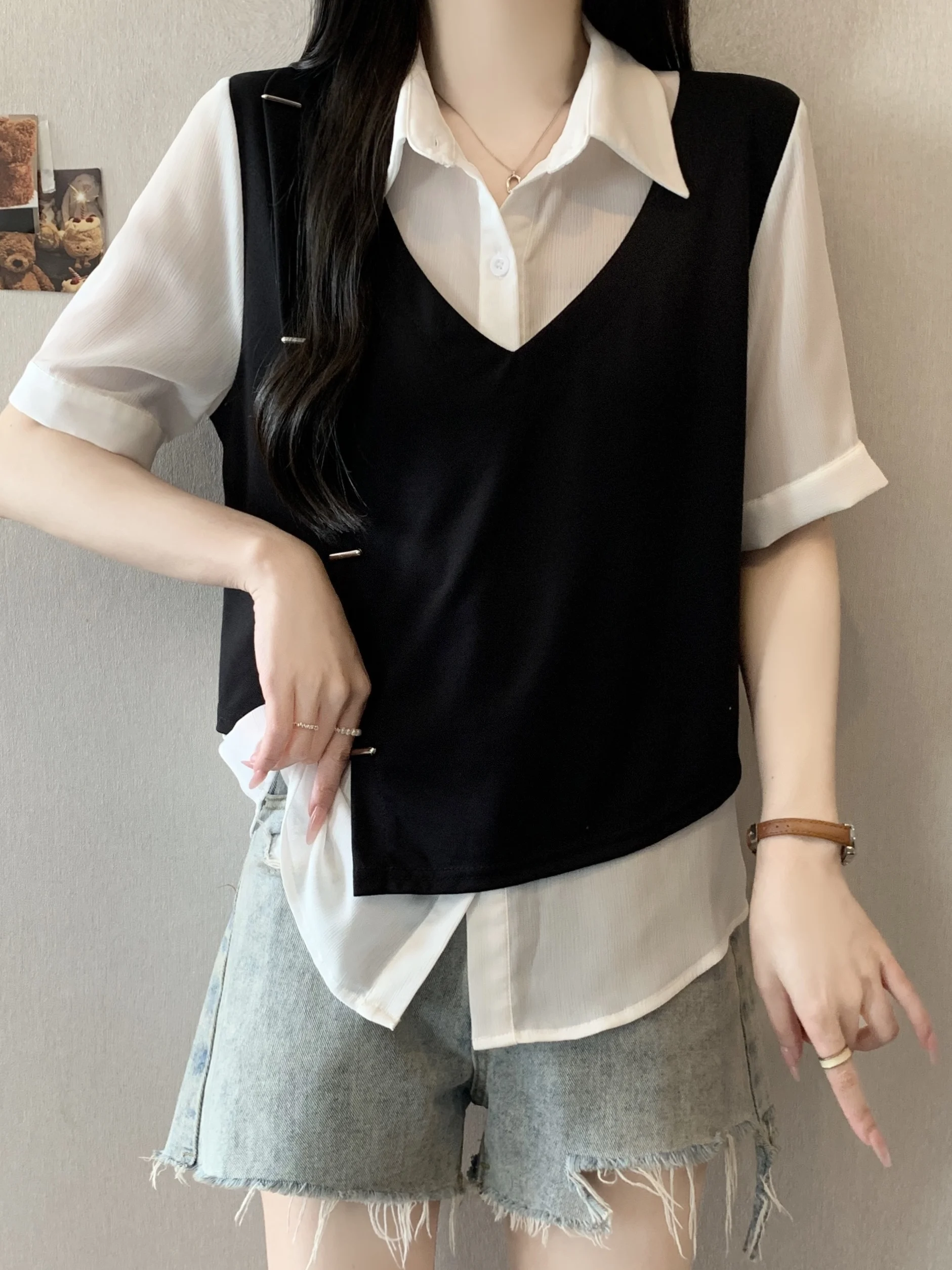 

plus Size Lazy Style Patchwork Shirt Women's Summer New Design Irregular Short Sleeve T-Shirt Trendy High Waist Commute Style