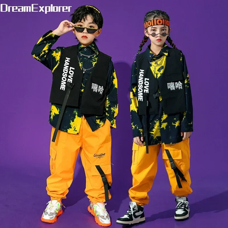 Boys Street Dance Long Sleeve Printed Shirt Vest Joggers Girls Hip Hop Blouse Child Cargo Pants Clothes Set Kids Jazz Streetwear