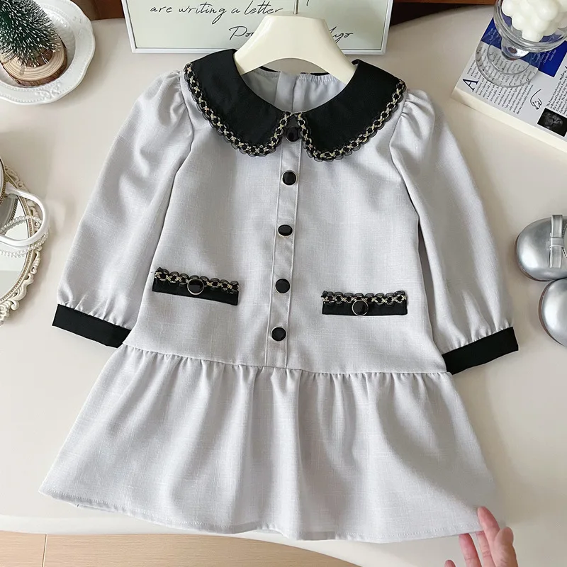 

Girls' Doll Collar Dress2024Autumn New Loose Elastic Fashion Western Style Long Sleeve Princess Dress