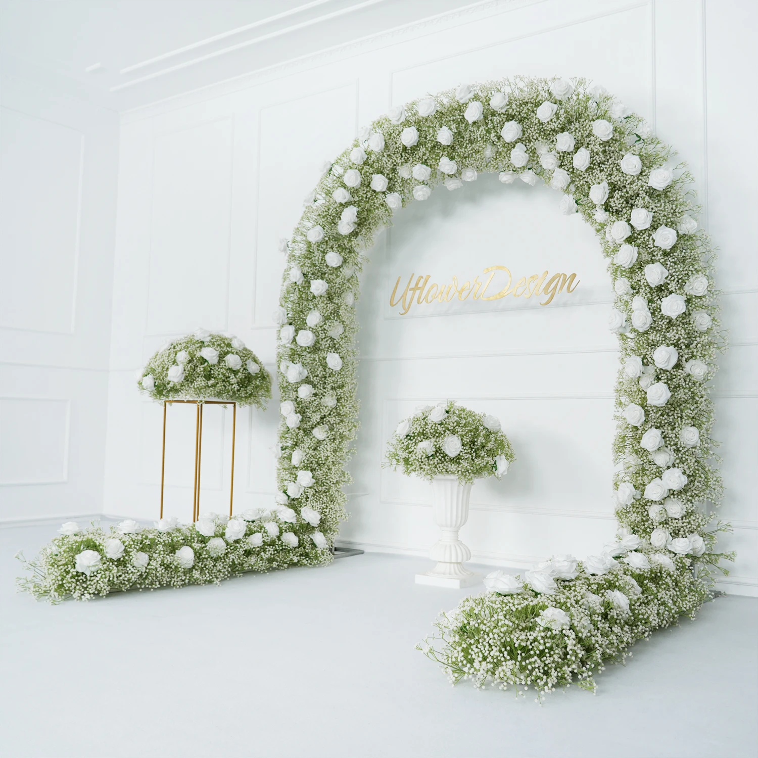 Uflower Luxury 5D White Rose Wedding Floral Arrangement Event Table Centerpieces Ball Gypsophila Flower Wall Road Lead Flower