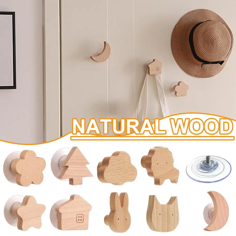 Cute Wooden Wall Hooks Set – Star Moon Cloud Self-Adhesive Hooks, No Drilling Decorative Hangers for Keys, Coats, Bags