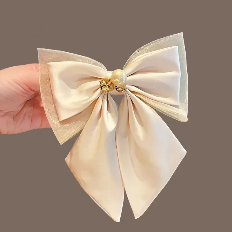 Ribbon Bow Hair Clips for Women Pearl Crystal Temperament Elegant Headpiece Spring Clip Headwear Korean Hair Accessories