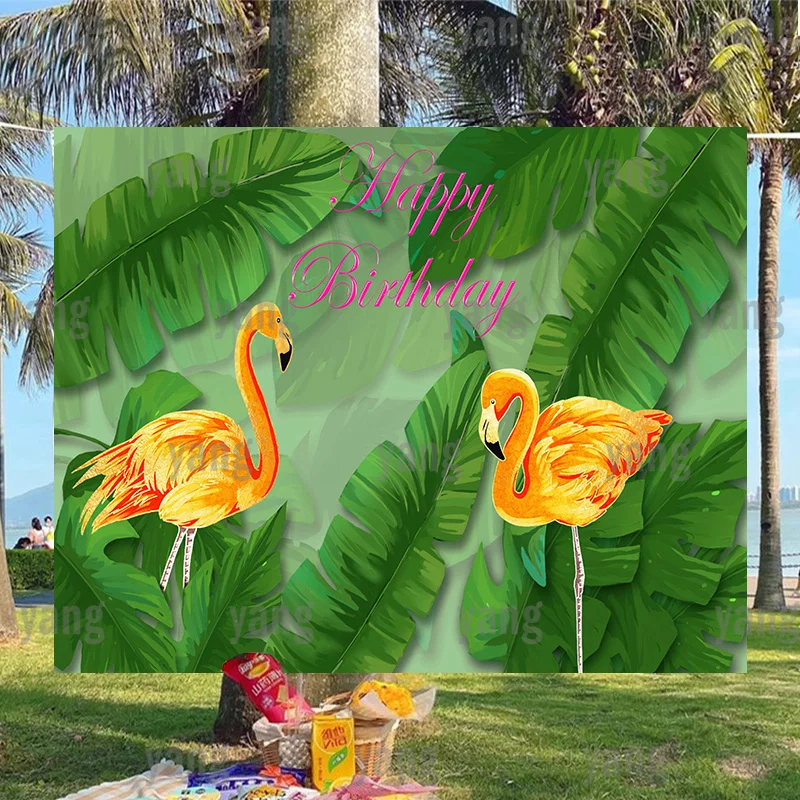 Yellow Flamingo Customize Happy Birthday Party Backdrop Newborn Girls Jungle Green Leaves Background for Photo Banner Decoration