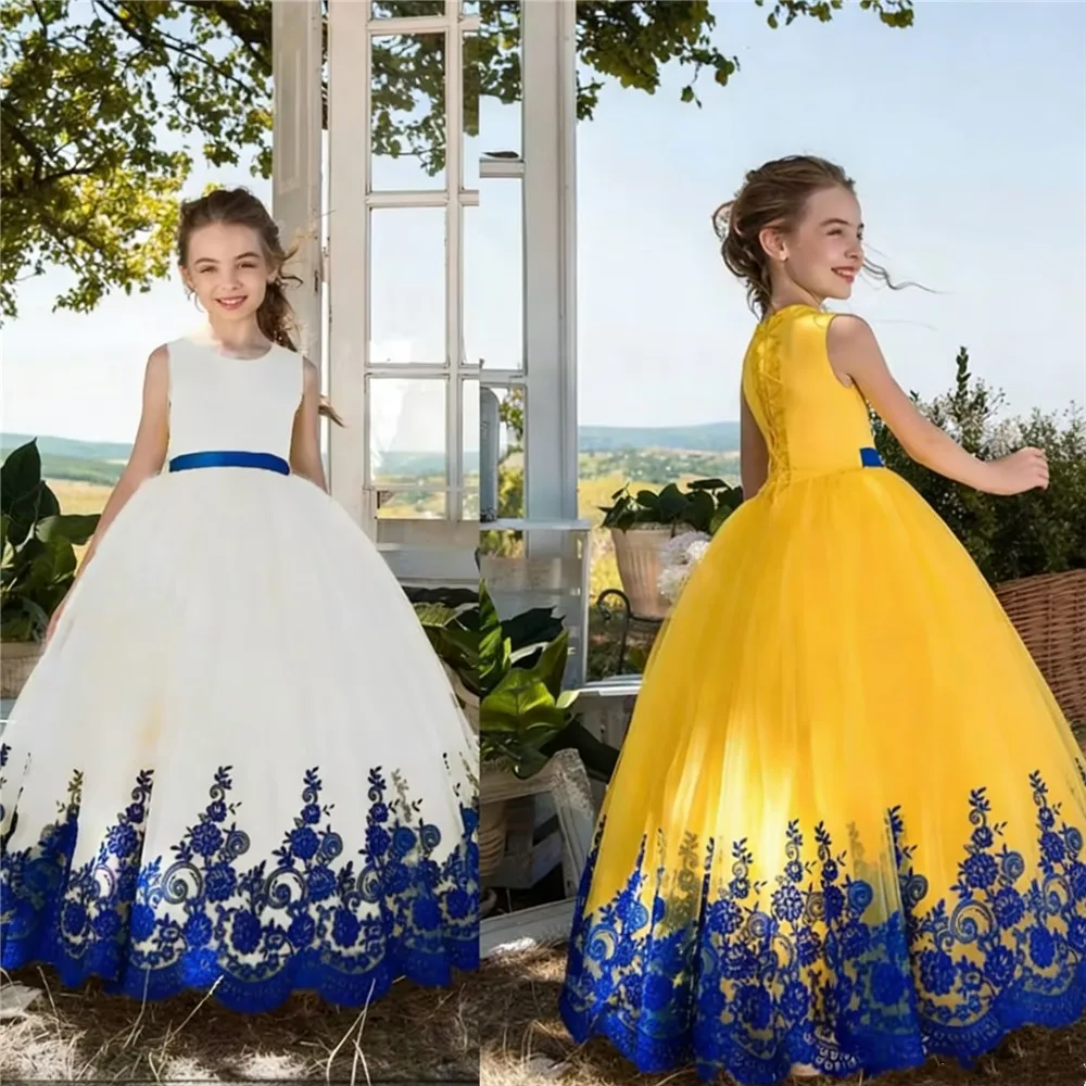 

Customized Sleeveless Flower Girl Wedding Dress Tulle With Blue Applique Kids Birthday Party Dress Child Evening Ball Gowns