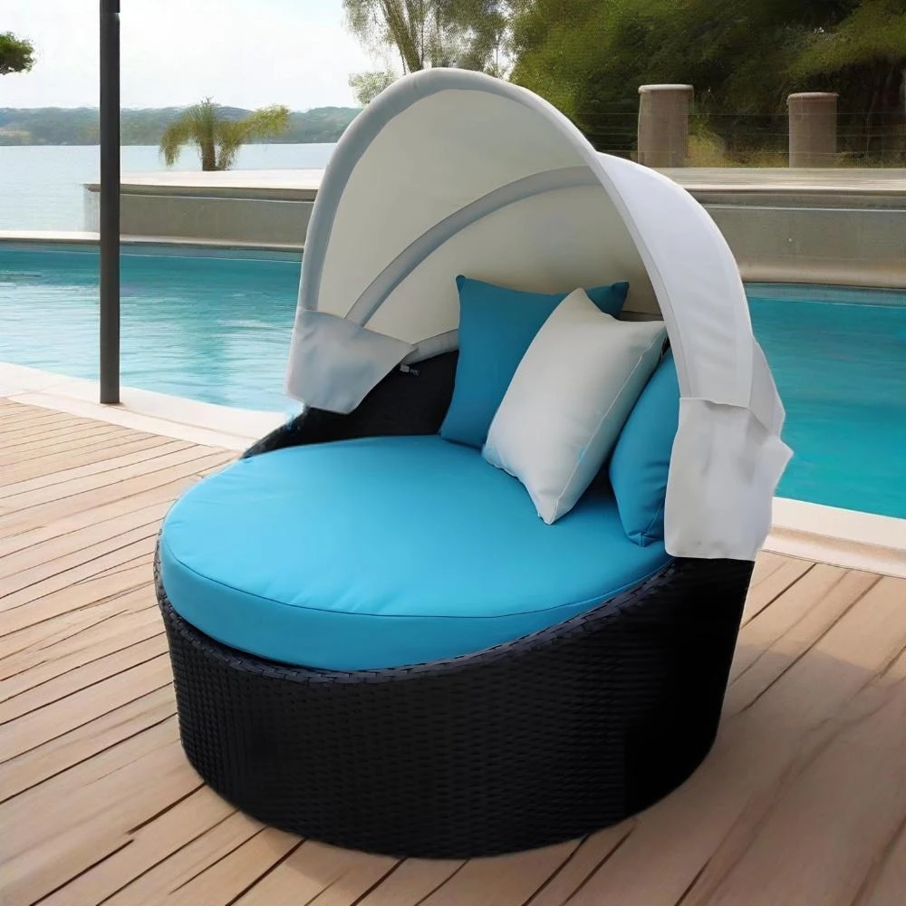Bar Small Size Round Garden Sun Bed Waterproof UV Resistant Children Sunbed with Fabric Tent Outdoor PE Rattan Sunbath Round Bed