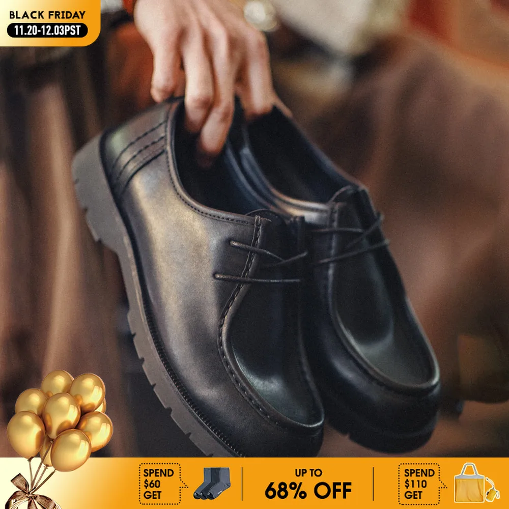 

Maden Men's Vintage Black Derby Shoes Leather Lace-Up Loafers with Round Toe British Style Black Office Low-top for Business