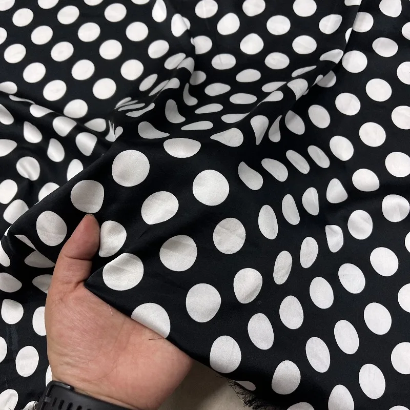 Black Polka Dot Print Imitation Acetate Satin Fabric Soft Coat Cardigan Dress Fashion Clothing Spring Summer Non Elastic Fabric