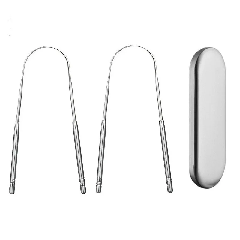 Tongue Scraper for Adult Kids, 2 Pack Stainless Steel Tongue Scraper for Oral Care, Reduce Bad Breath, with Metal Storage Box