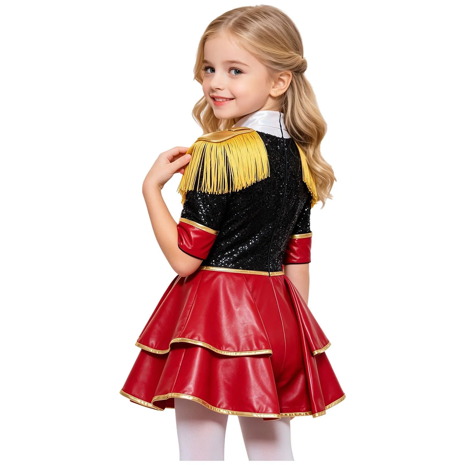 Kids Girls Circus Ringmaster Halloween Cosplay Costume Bowtie Back Invisible Zipper Sequin Bodice Metallic Skirted Jumpsuit