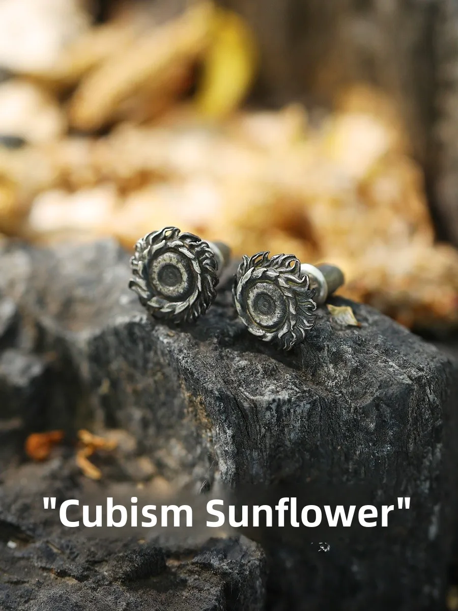 

Original Silver Art Van Gogh Sunflower Men's Earrings 999 Pure Silver High-End Sunflower Ear Jewelry for Men