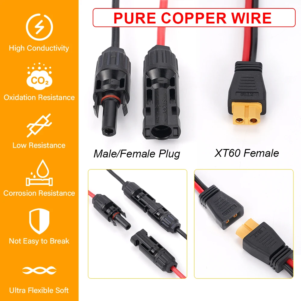 6M 태양열 충전 케이블 어댑터 XT60-태양 남성 여성 커넥터 연장 와이어 PVC 12AWG 배터리 팩용
