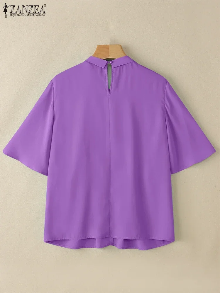 ZANZEA Commute Office Womens Blouses 2025 Summer Fashion Half Flared Sleeves Elegant Smock Top Tie-Neck Solid Color Blusas Mujer