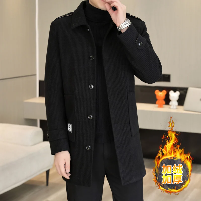 2023 Winter Medium Length Woolen Jacket for Men Plush and Thicken Trench Coat slim Casual Business Social Streetwear Overcoat