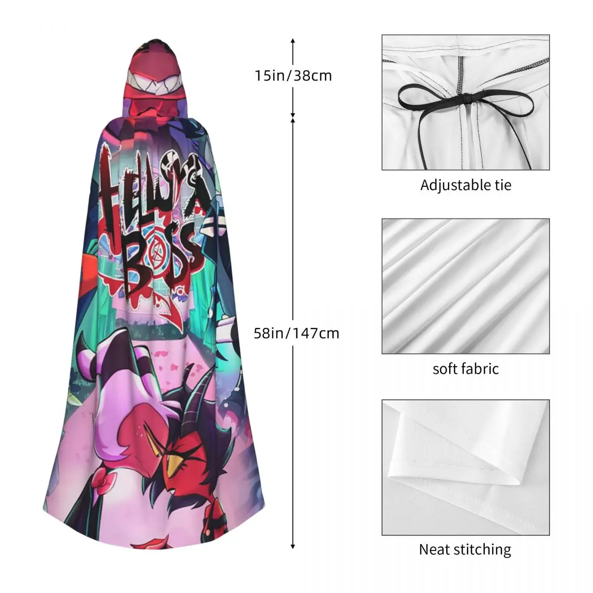 Helluva Boss Capa larga con capucha Disfraz medieval de bruja Capa de cosplay Fiesta de Halloween Adulto Unisex