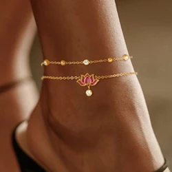 Multi layer zirconia stainless steel chain white pink lotus pendant women's fashionable jewelry gift summer beach ankle chain