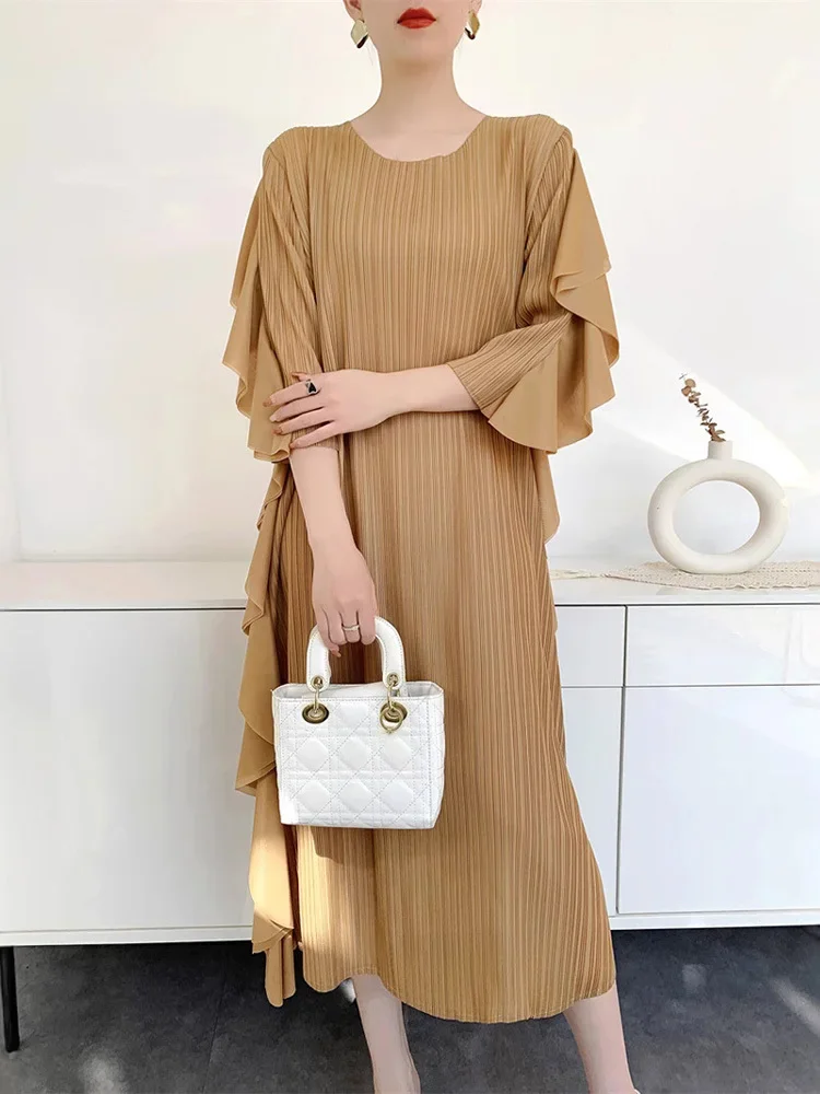 

YUDX плиссированное платье с оборками, женское платье трапециевидной формы с круглым воротником, однотонное элегантное женское платье, новинка 2025 года, свободные платья-пуловеры