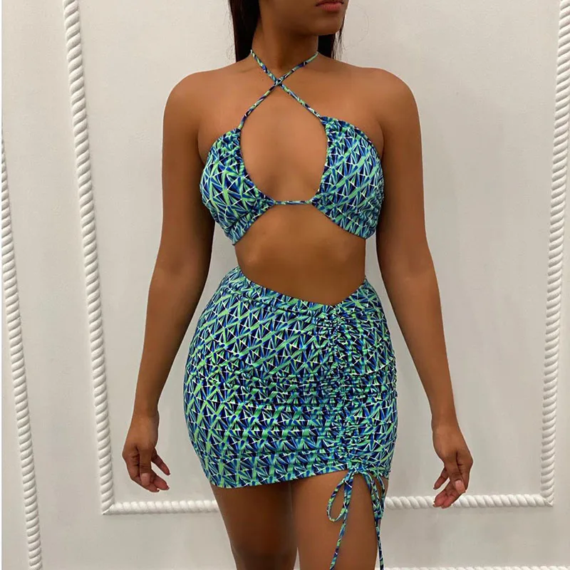 

Sexy Print 2 Piece Set Women Halter Crop Top+Mini Skirt Drawstring Ruched Party Club Vacation Outfits Summer Beachwear Swimsuit